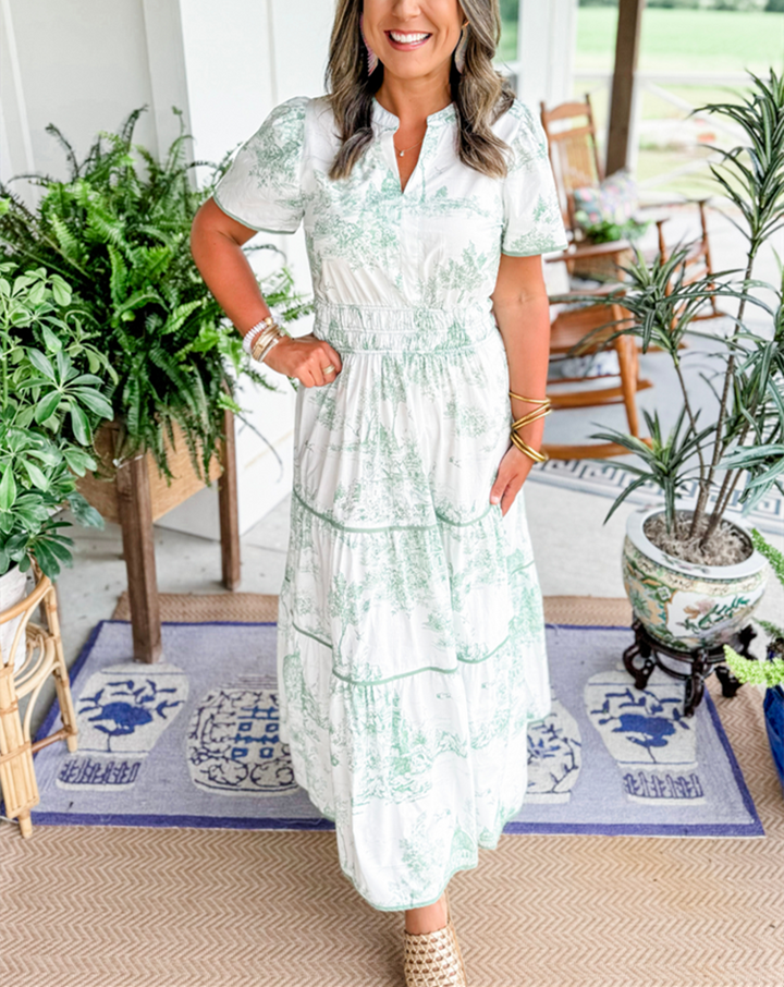 Eliza | Klassisk Toile Maxi Klänning
