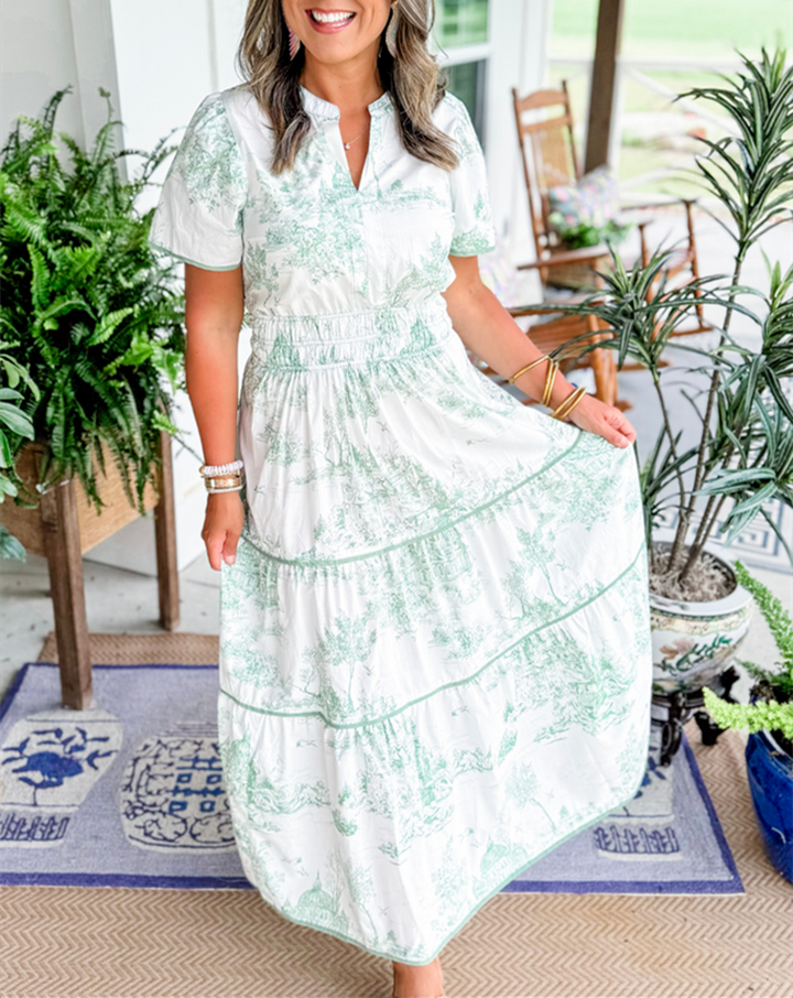 Eliza | Klassisk Toile Maxi Klänning