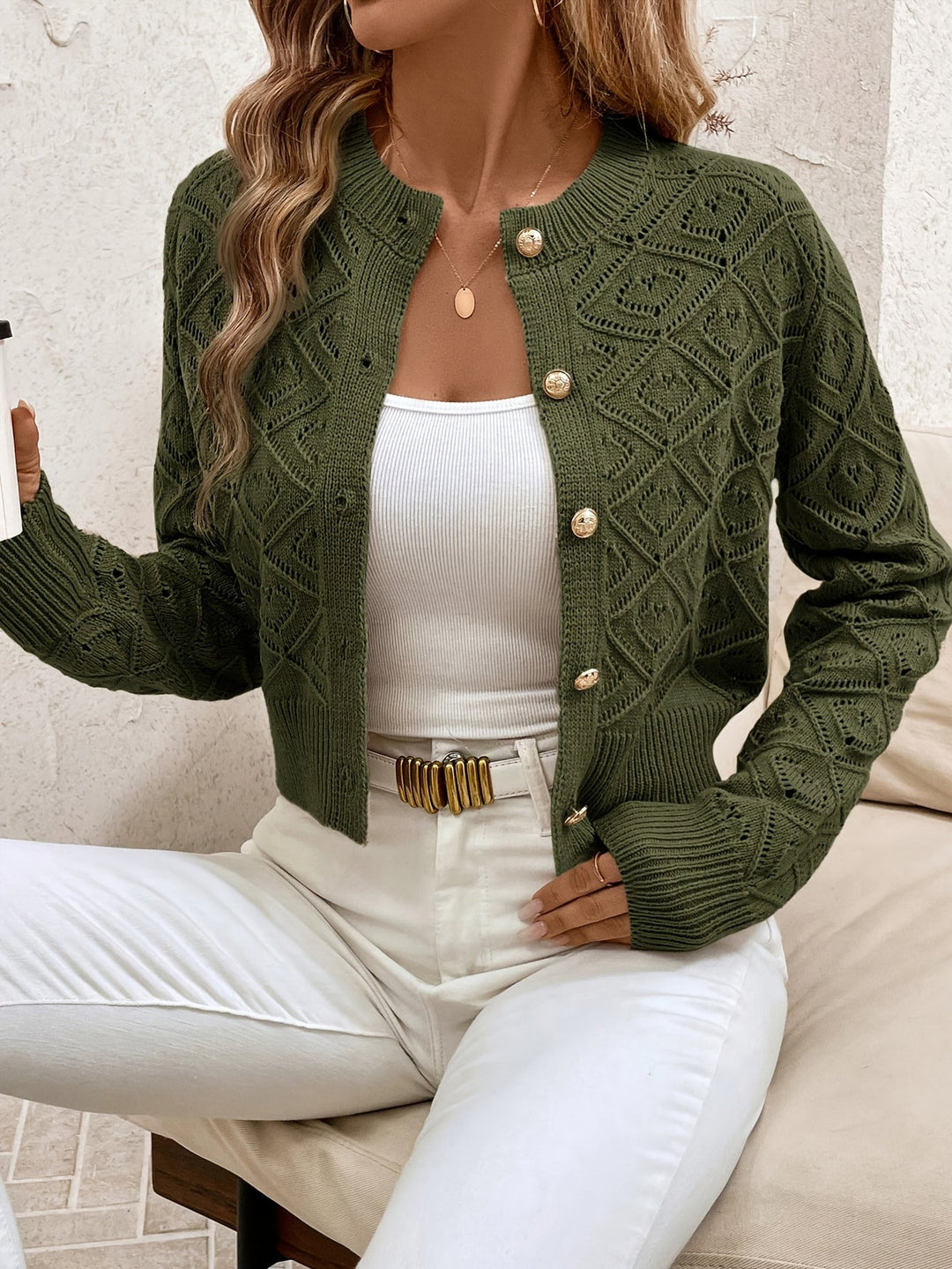 Della | Texturerad Knapp-Front Cardigan