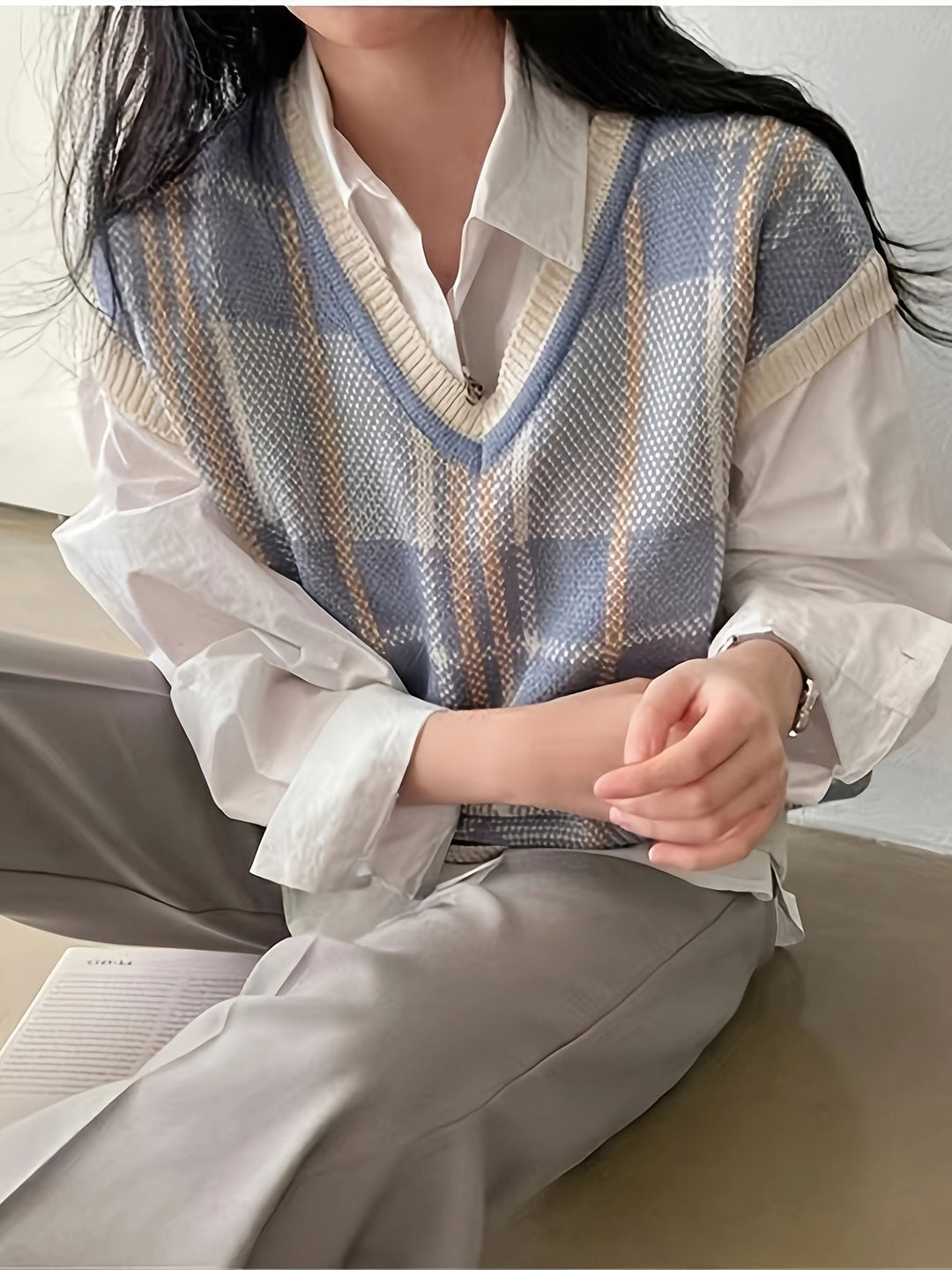 Marnie | Vintage Rutigt V-ringad Tröja Väster
