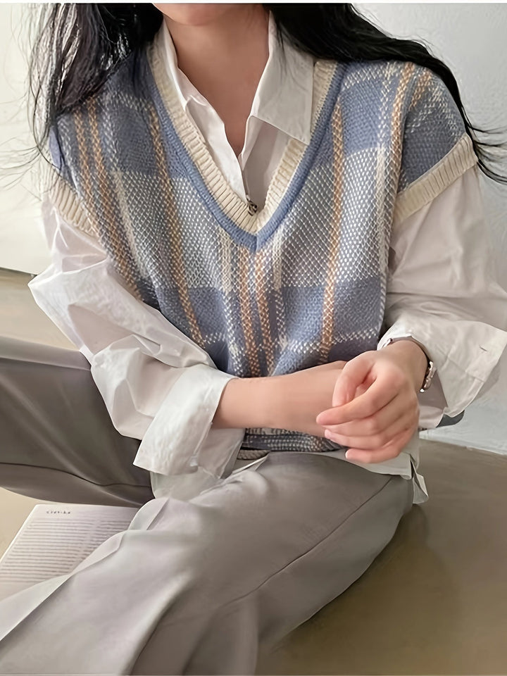 Marnie | Vintage Rutigt V-ringad Tröja Väster