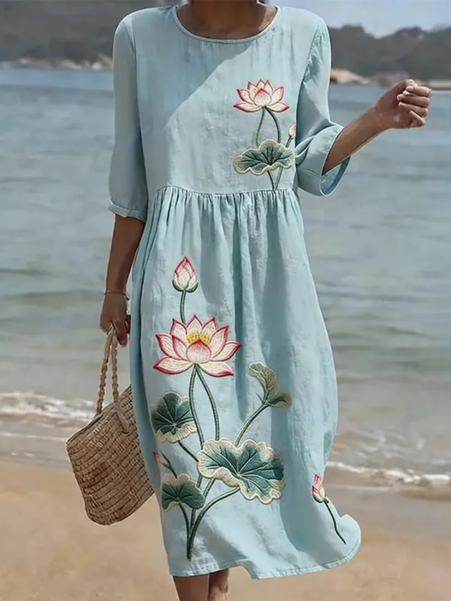 Vanessa | Tidlös Blommig Klänning med Rund Hals
