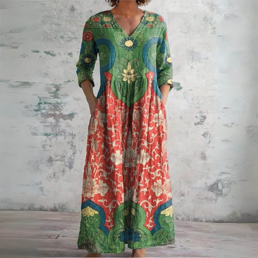 Judith | Vintage Blommig Mid Ärms Maxi Klänning