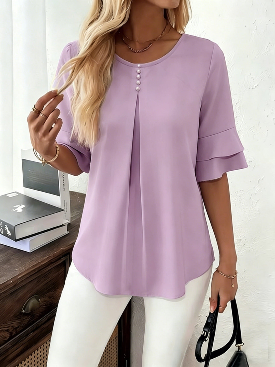 Karen | Blus med Utsvängda Ärmar och Plissering