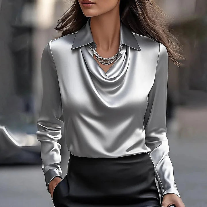 Merlina | Elegant Draperad Halsringning Satin Blus