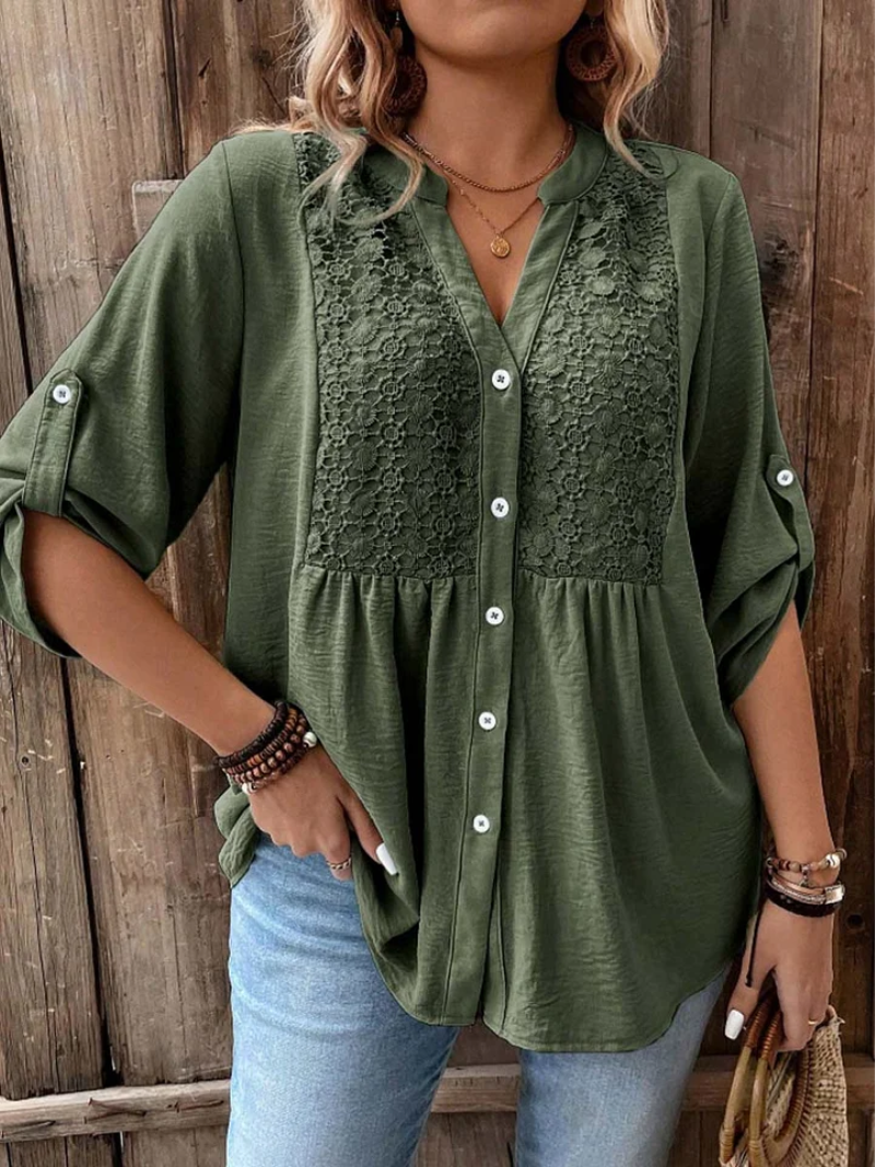 Nella | Elegant Blus med Vida Ärmar och V-ringning