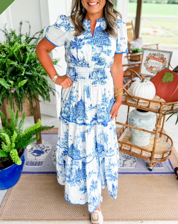 Eliza | Klassisk Toile Maxi Klänning