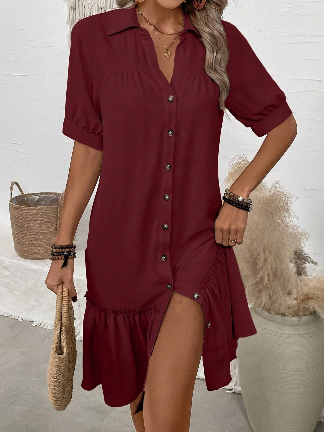 Maevelle | Knäppt Boho Midi Klänning
