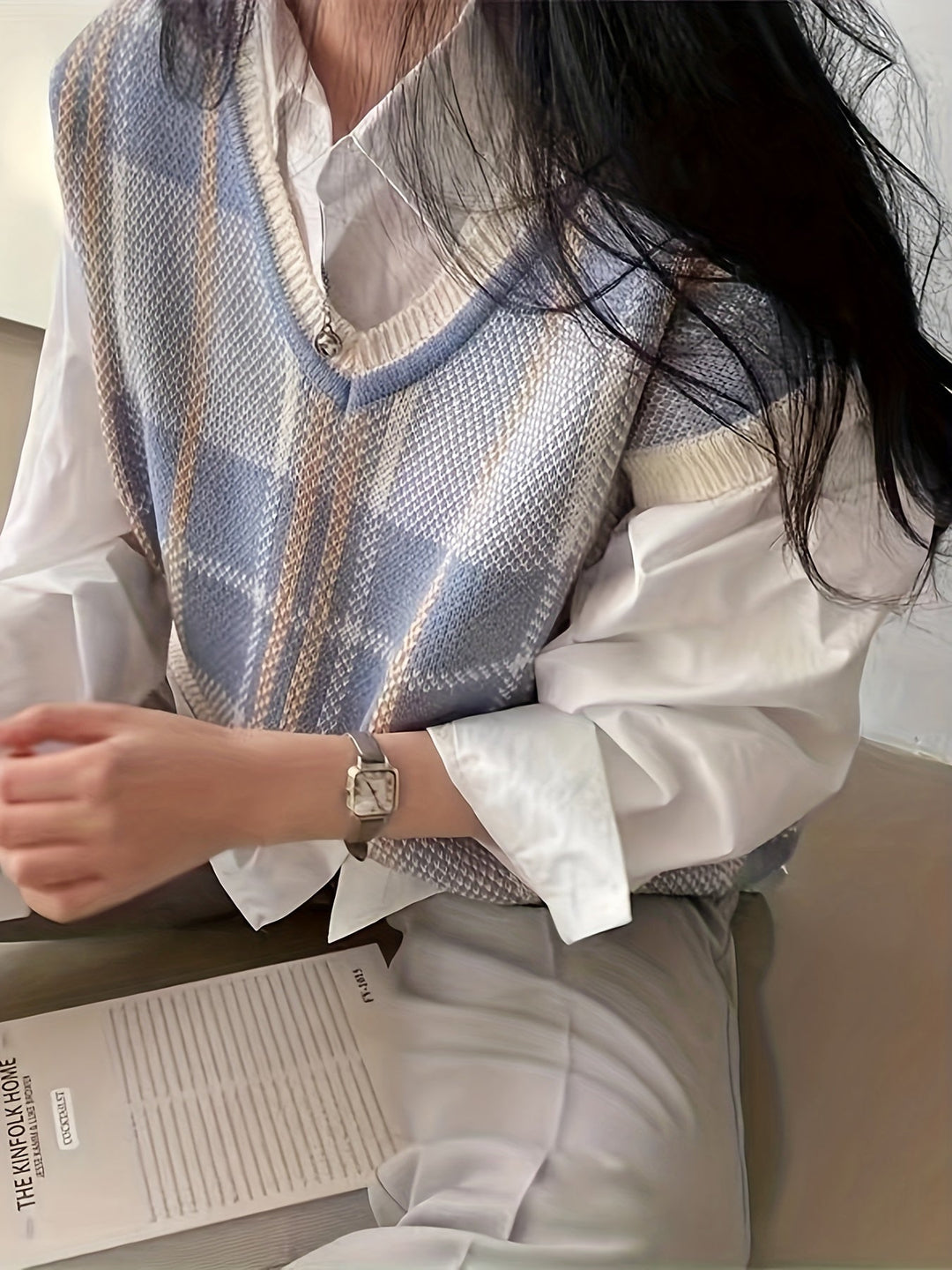 Marnie | Vintage Rutigt V-ringad Tröja Väster