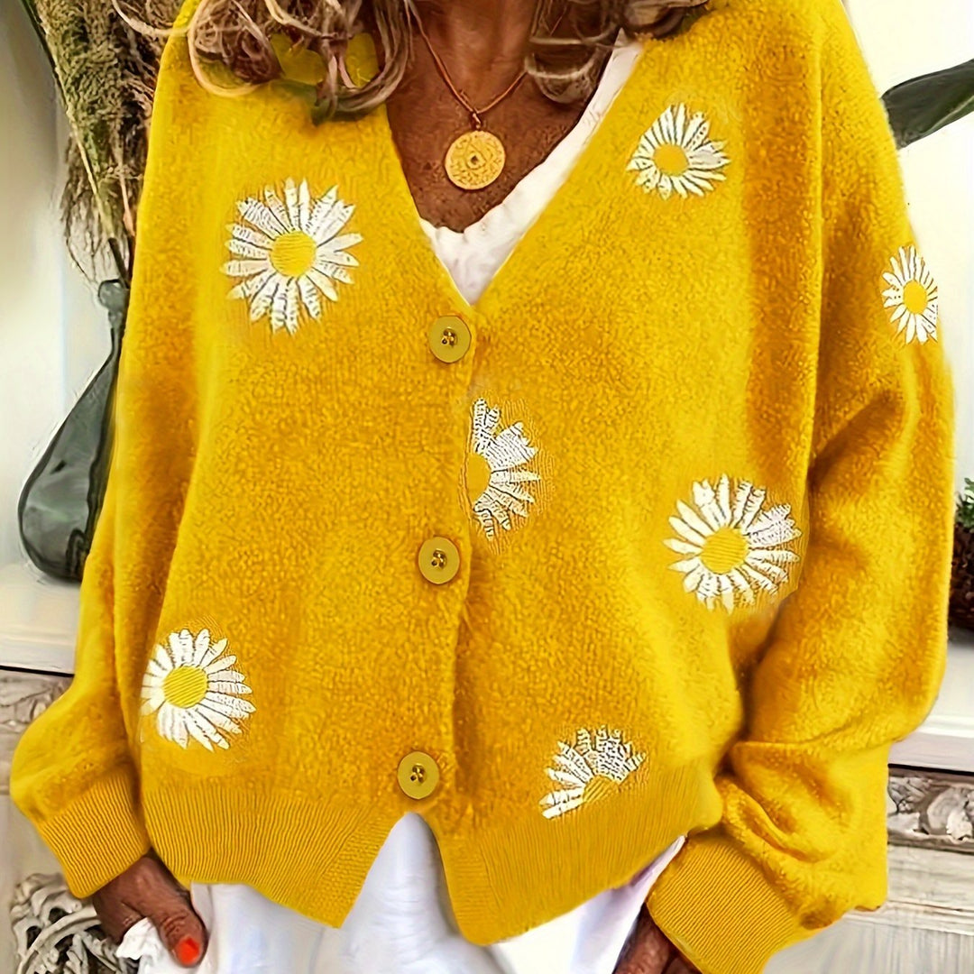 Maribel | Blommig Broderad Knapp-Front Cardigan