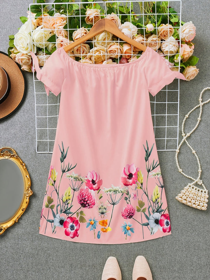 Gemma | Off-Shoulder Blommig Klänning med Slips