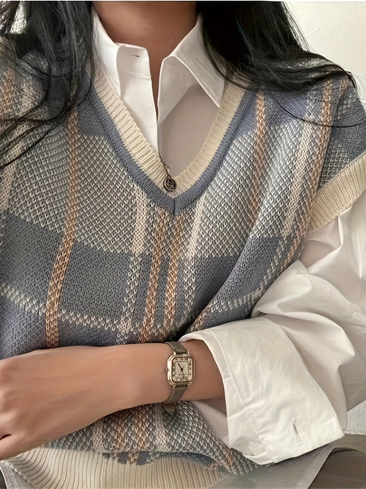 Marnie | Vintage Rutigt V-ringad Tröja Väster