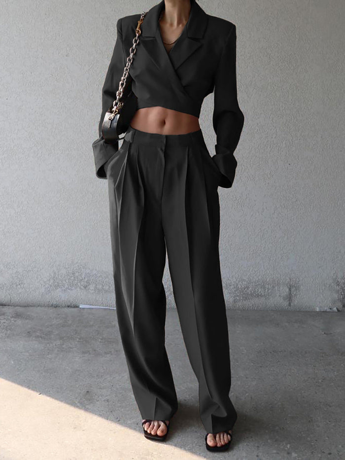 Dam Croppad Blazer och Vida Byxor 2-Delar Set