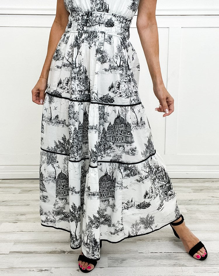 Eliza | Klassisk Toile Maxi Klänning