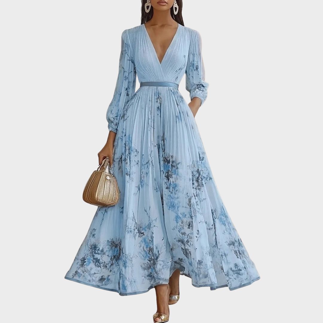 Alexia | Elegant Plisserad Maxi V-ringad Klänning