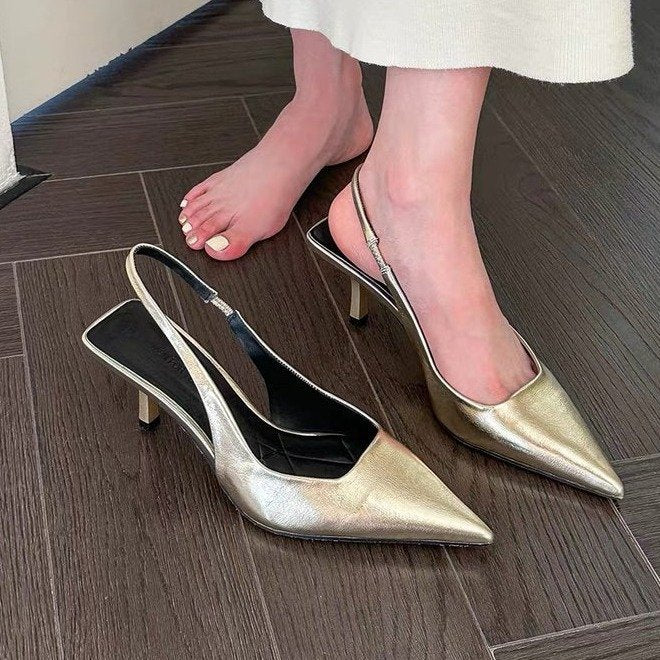 Dam Slingback Pumps Spetsig Tå Metallisk med Smal Klack