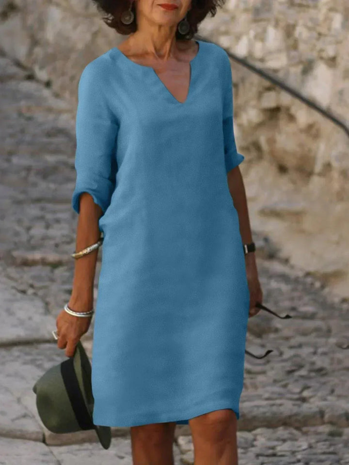 Harper | Elegant V-ringad Draperad Midi Klänning