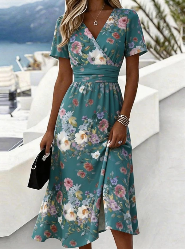 Gwendolyn | Elegant Blommig Wrap Midi Klänning