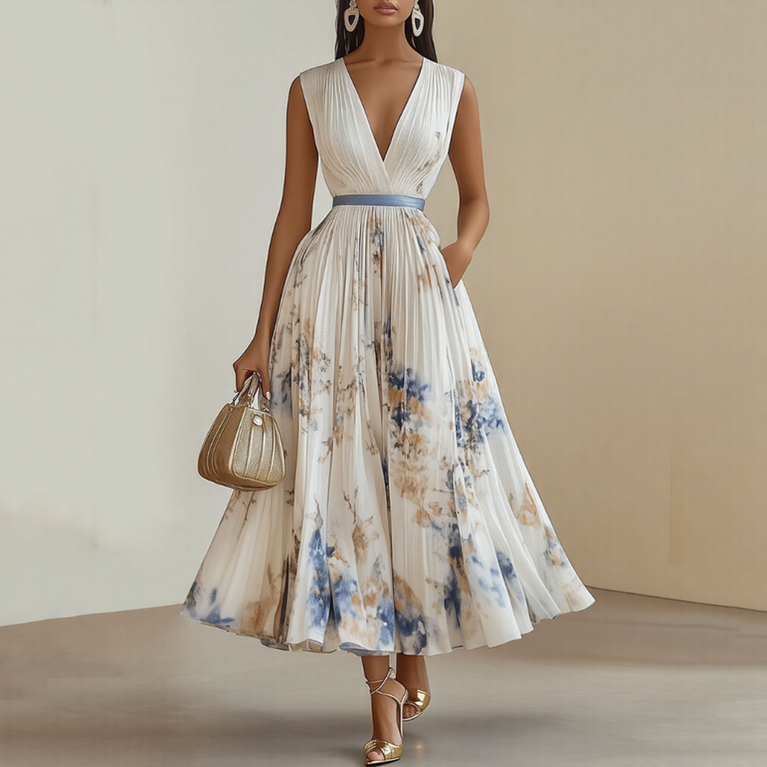 Alexia | Elegant Plisserad Maxi V-ringad Klänning
