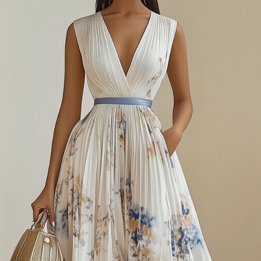 Alexia | Elegant Plisserad Maxi V-ringad Klänning