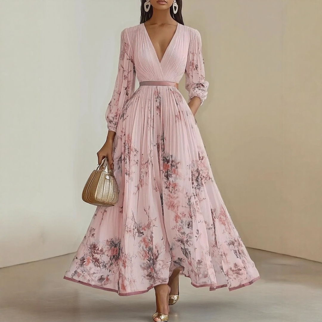 Alexia | Elegant Plisserad Maxi V-ringad Klänning