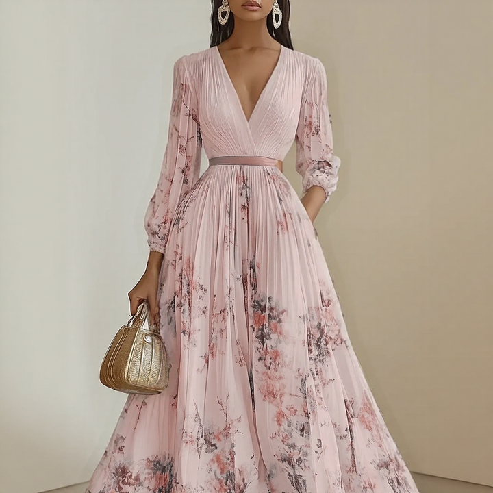 Alexia | Elegant Plisserad Maxi V-ringad Klänning