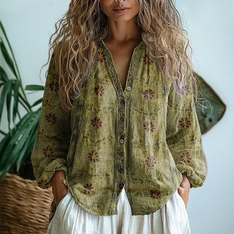 Brianna | Elegant Vintage Bladtryckt Skjorta