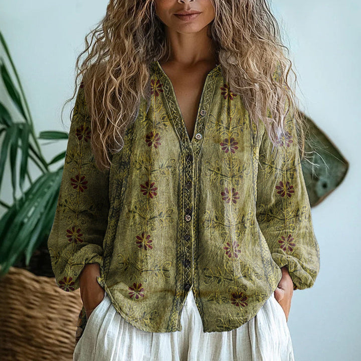 Brianna | Elegant Vintage Bladtryckt Skjorta