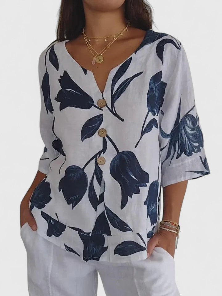 Fleur | Avslappnad Blommig V-ringad Blus
