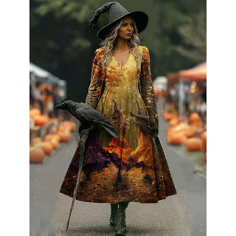 Maren | Halloween Häxa Tryck A-Linje Maxi Klänning