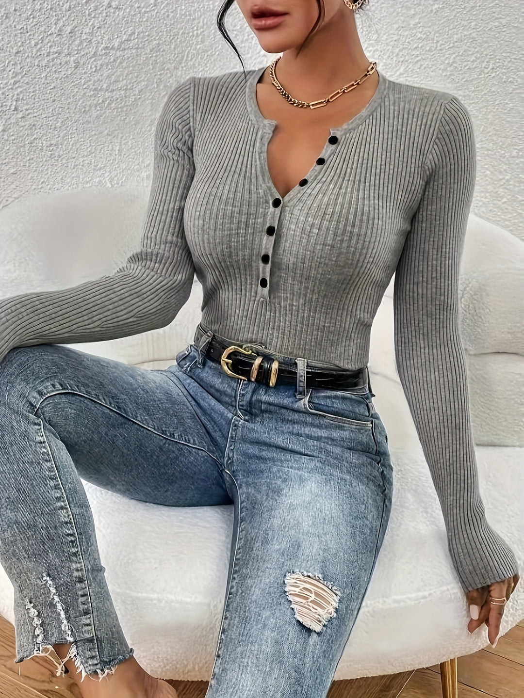 Helene | Ribbad Halvknappad Topp