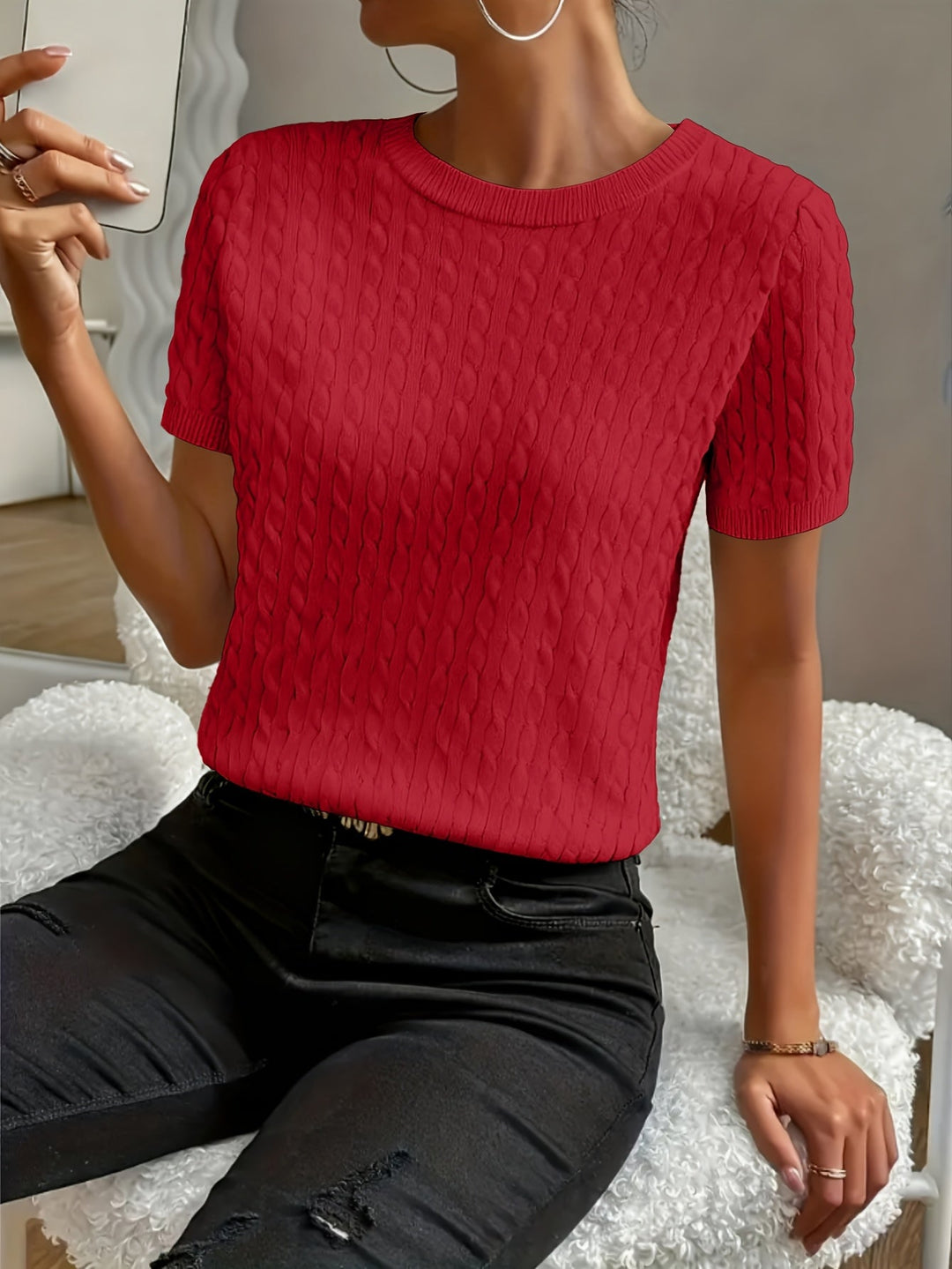 Tabitha | Texturerad Rundhalsad Kortärmad Topp