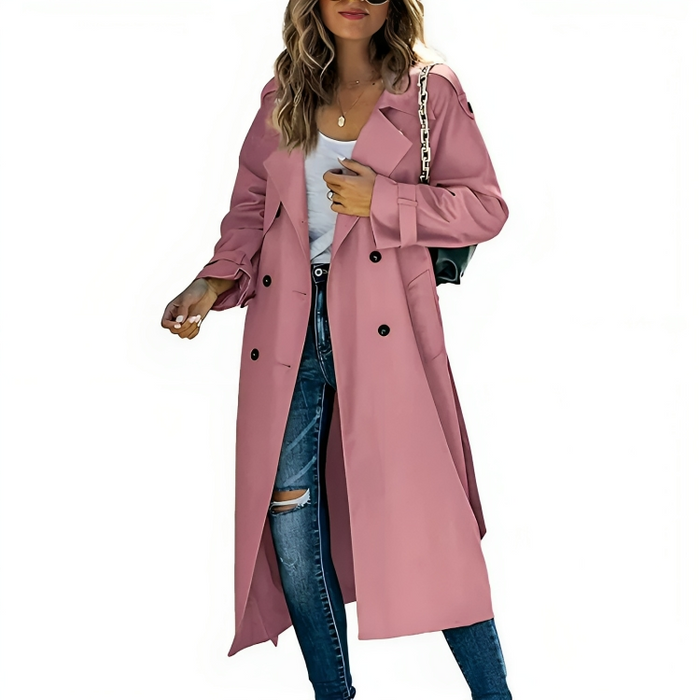 Dam Lång Trenchcoat med Dubbla Knapprader och Revärskrage