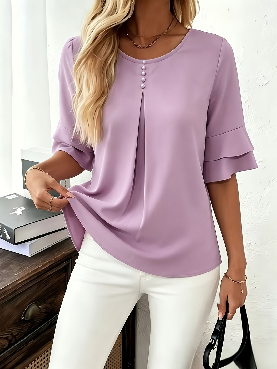 Karen | Blus med Utsvängda Ärmar och Plissering