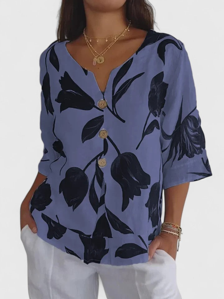 Fleur | Avslappnad Blommig V-ringad Blus