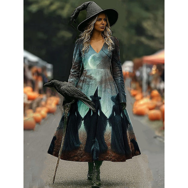 Maren | Halloween Häxa Tryck A-Linje Maxi Klänning