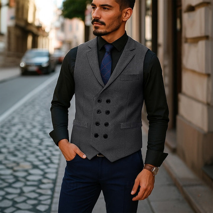 Bennett | Dubbelknäppt Herringbone Västar