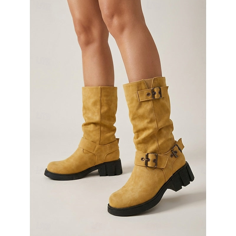 Sylvia | Spänndetaljade Mid-Calf Biker Boots