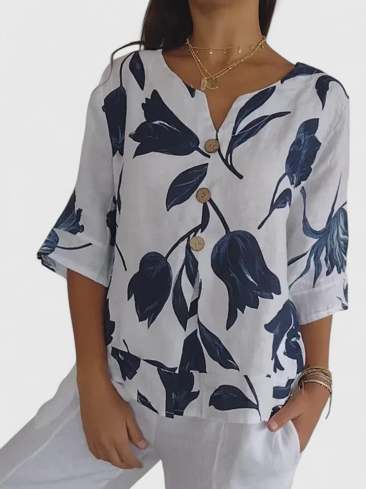 Fleur | Avslappnad Blommig V-ringad Blus