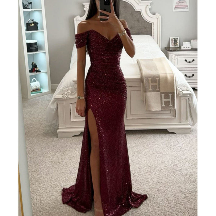 Dam Långklänning med Off-Shoulder Paljetter och Slits