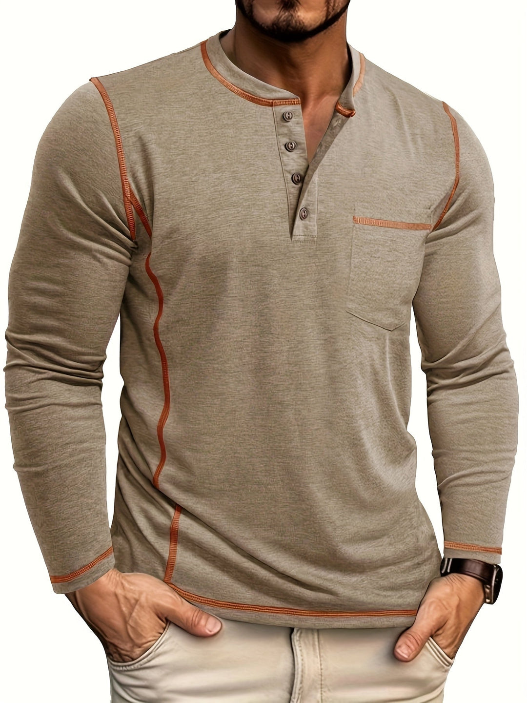 Reuben | Kontraststickad långärmad Henley