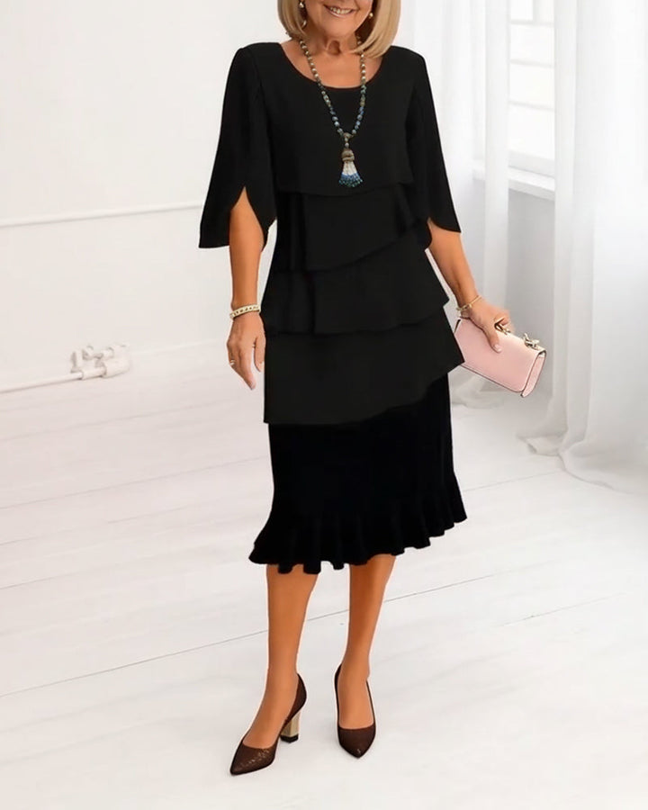 Patricia | Elegant Klänning med Mellanlånga Ärmar och Volanger