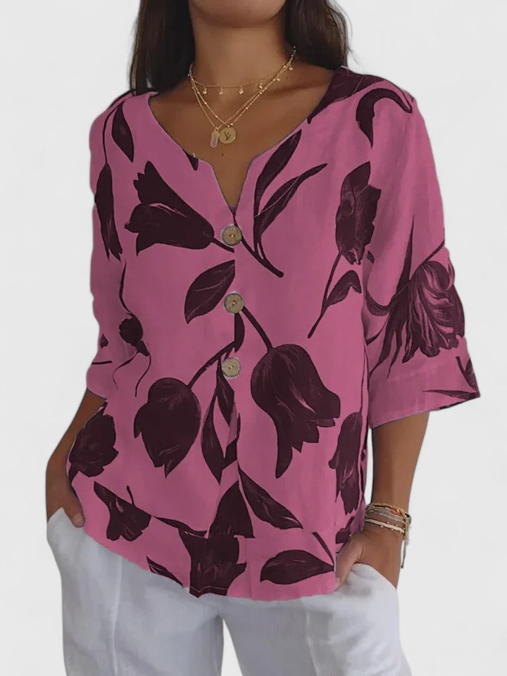 Fleur | Avslappnad Blommig V-ringad Blus