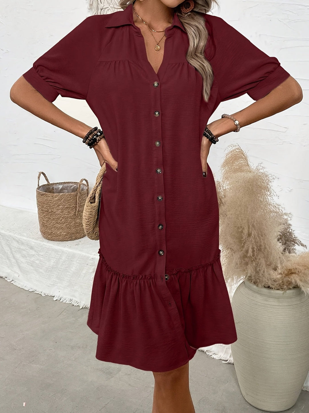 Maevelle | Knäppt Boho Midi Klänning