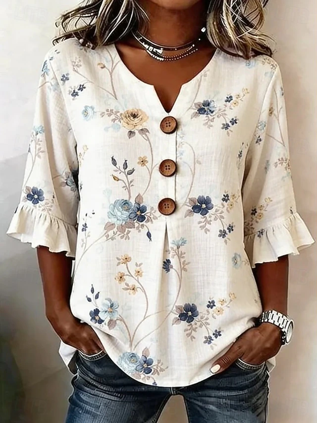 Vivian | Blommig Randig V-ringad Blus