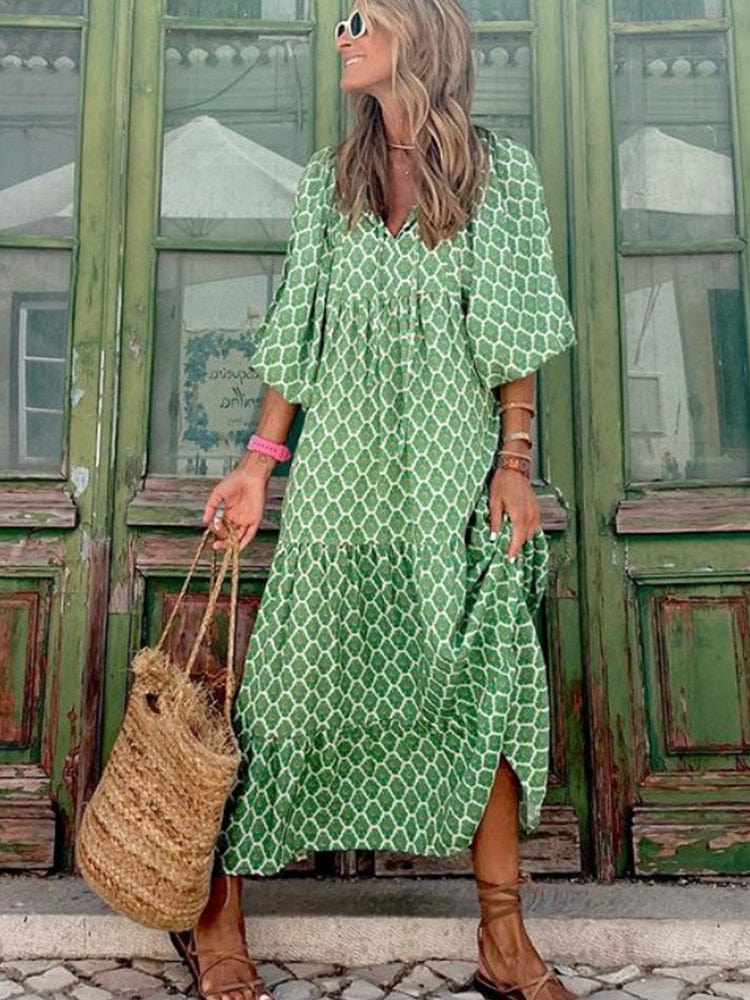 Arlette | Elegant Klänning med Vida Ärmar och V-ringning