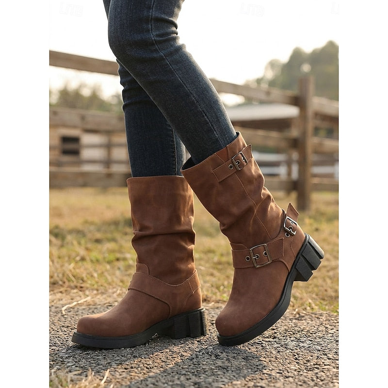 Sylvia | Spänndetaljade Mid-Calf Biker Boots