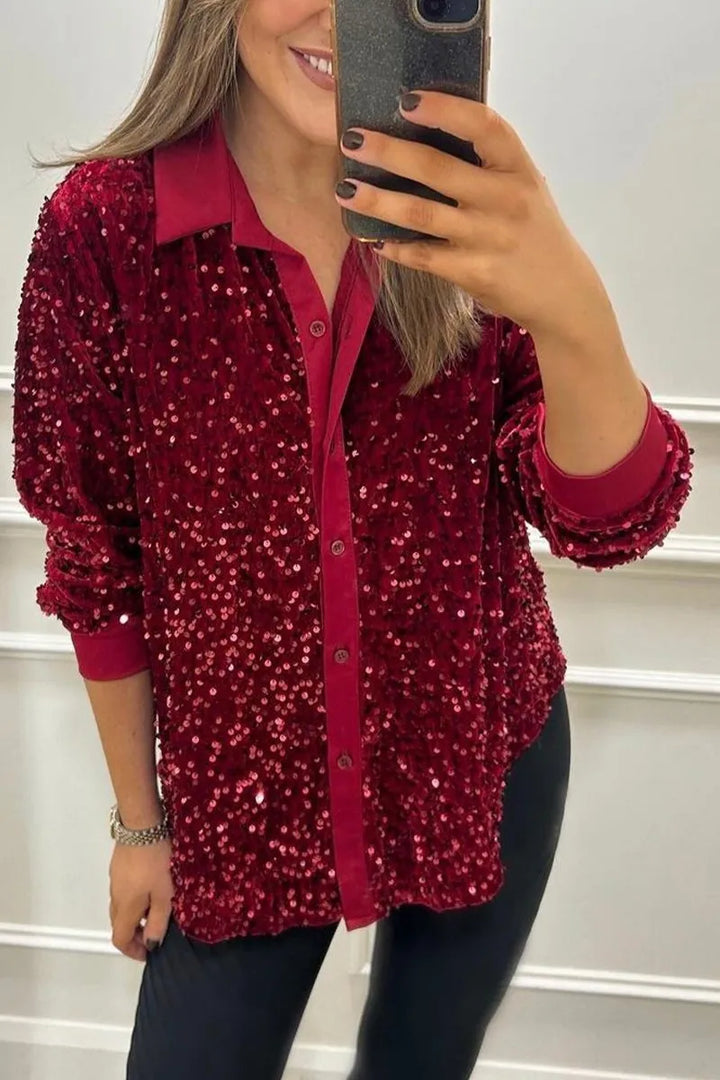 Claudine | Elegant Glittrande Skjorta med Krage