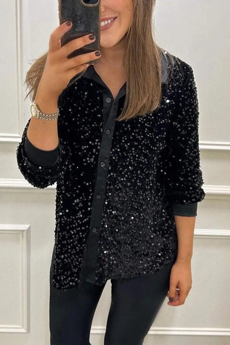 Claudine | Elegant Glittrande Skjorta med Krage
