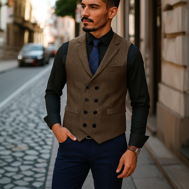 Bennett | Dubbelknäppt Herringbone Västar